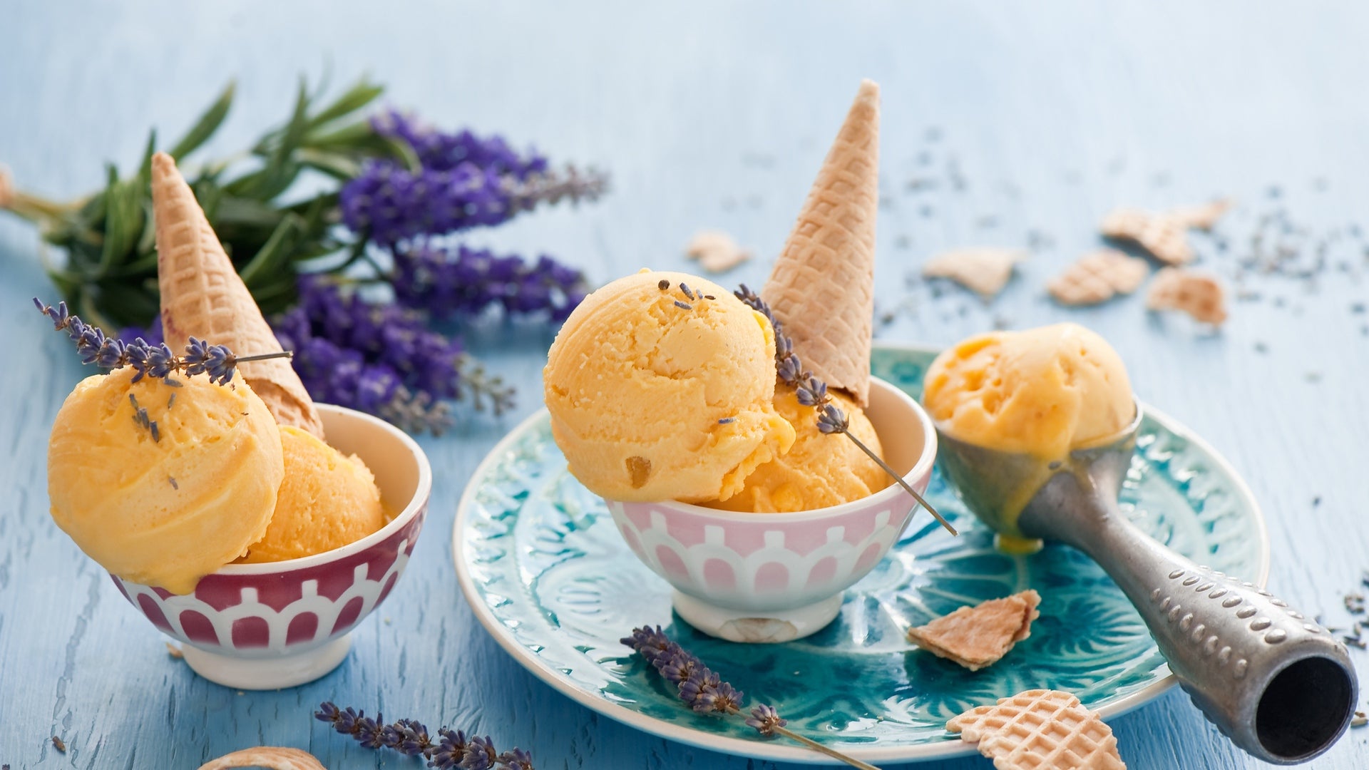 Three scoop flavoured ice cream